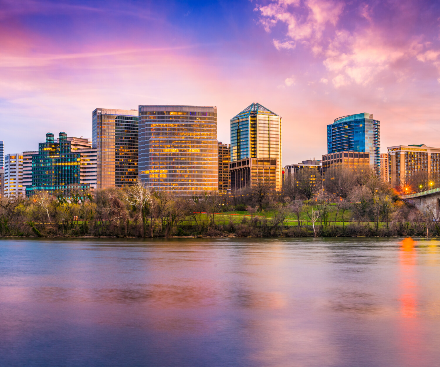 Rosslyn, Arlington, Virginia, USA skyline on the Potomac River.